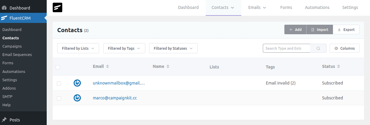 Contact with invalid email address tagged with "Email invalid (2)" in FluentCRM