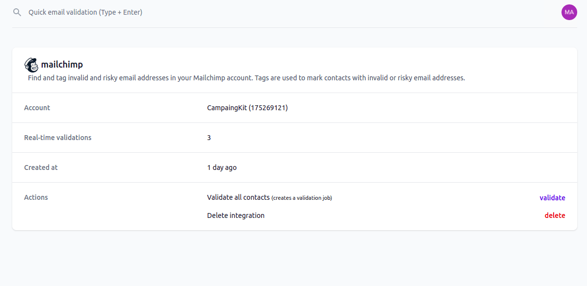 Start email validation in Mailchimp