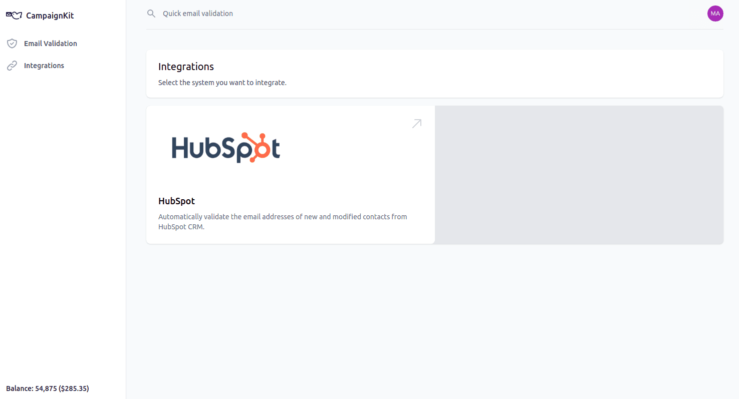 Select HubSpot to connect your account