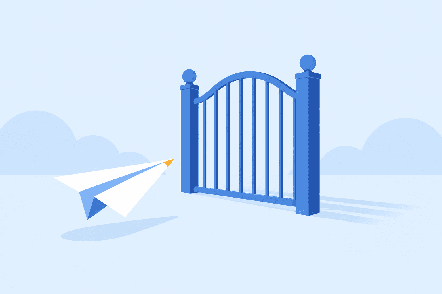 Illustration of a gate blocking a paper-airplane-shaped signup, representing blocking disposable signups automatically