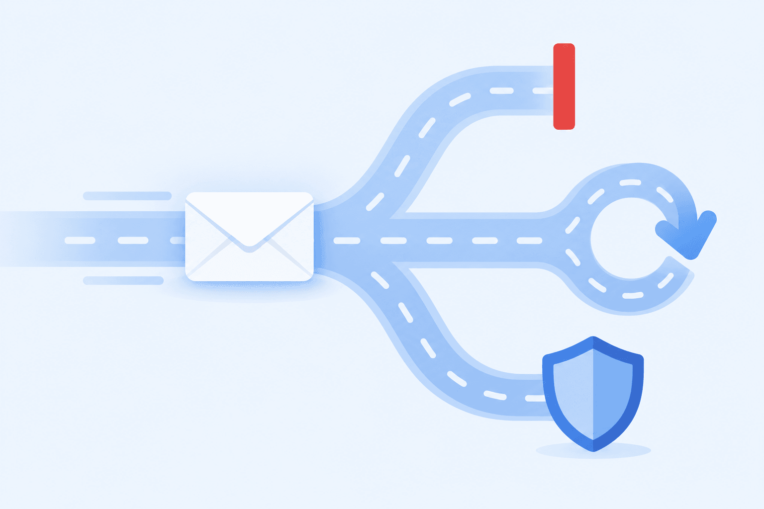Illustration of a returned email at a junction with three outcomes: stop, retry later, or check your sender reputation
